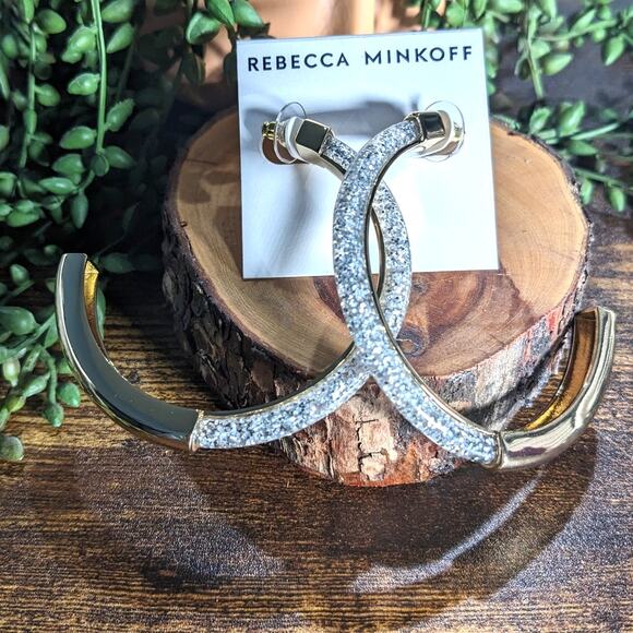 NWT Rebecca Minkoff Glitter Front Large Hoop Earrings Silver Women's Size OS - Picture 3 of 8